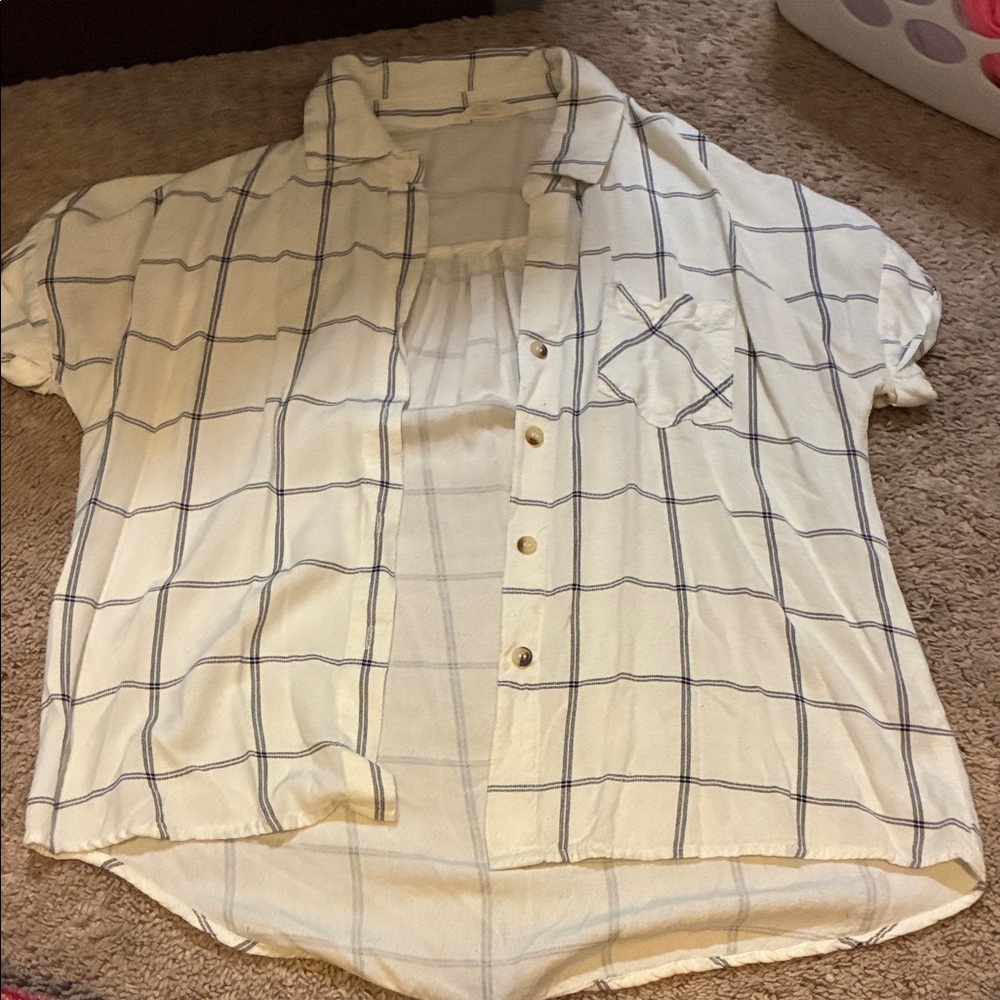 Women's White and Blue Plaid Button Down Shirt